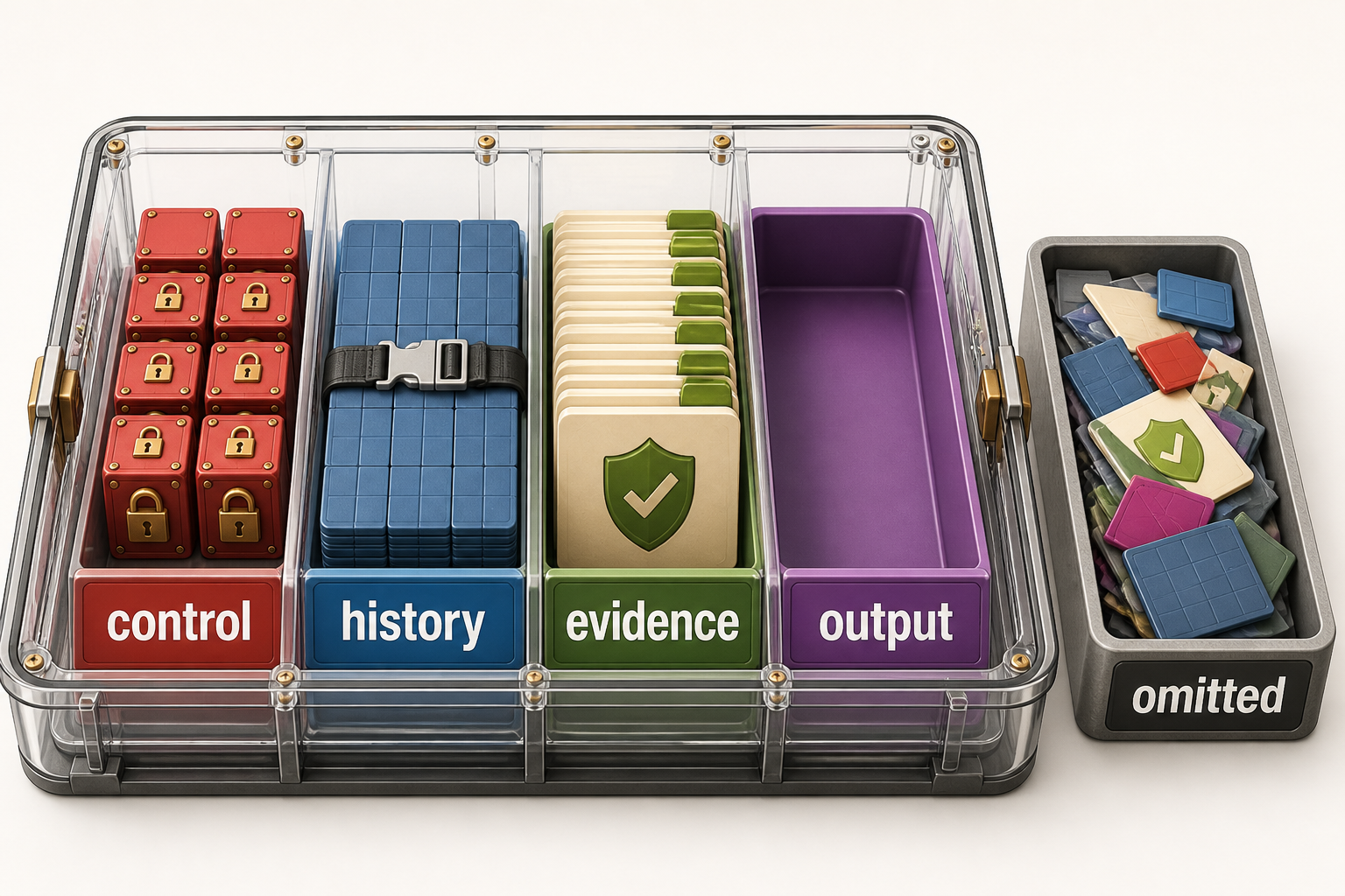 A finite context container allocates separate space to trusted control, history, authorized evidence, and reserved output, with excluded items moved to an omitted tray.