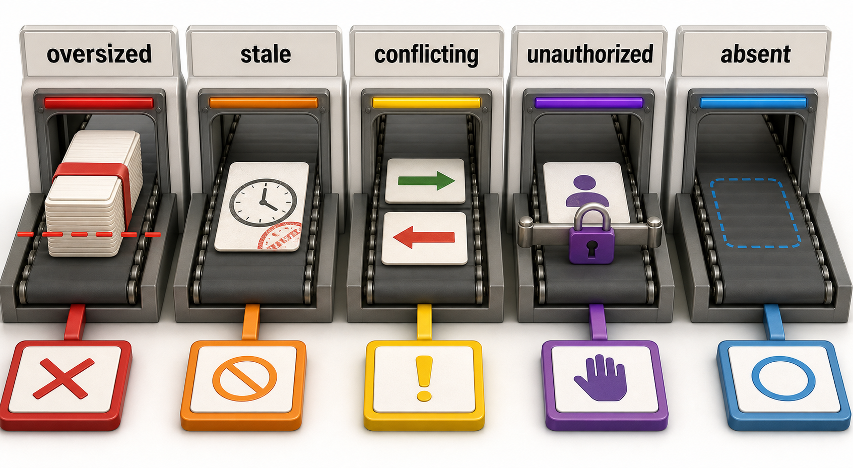 Oversized, stale, conflicting, unauthorized, and absent context objects have different visible defects and bounded responses.