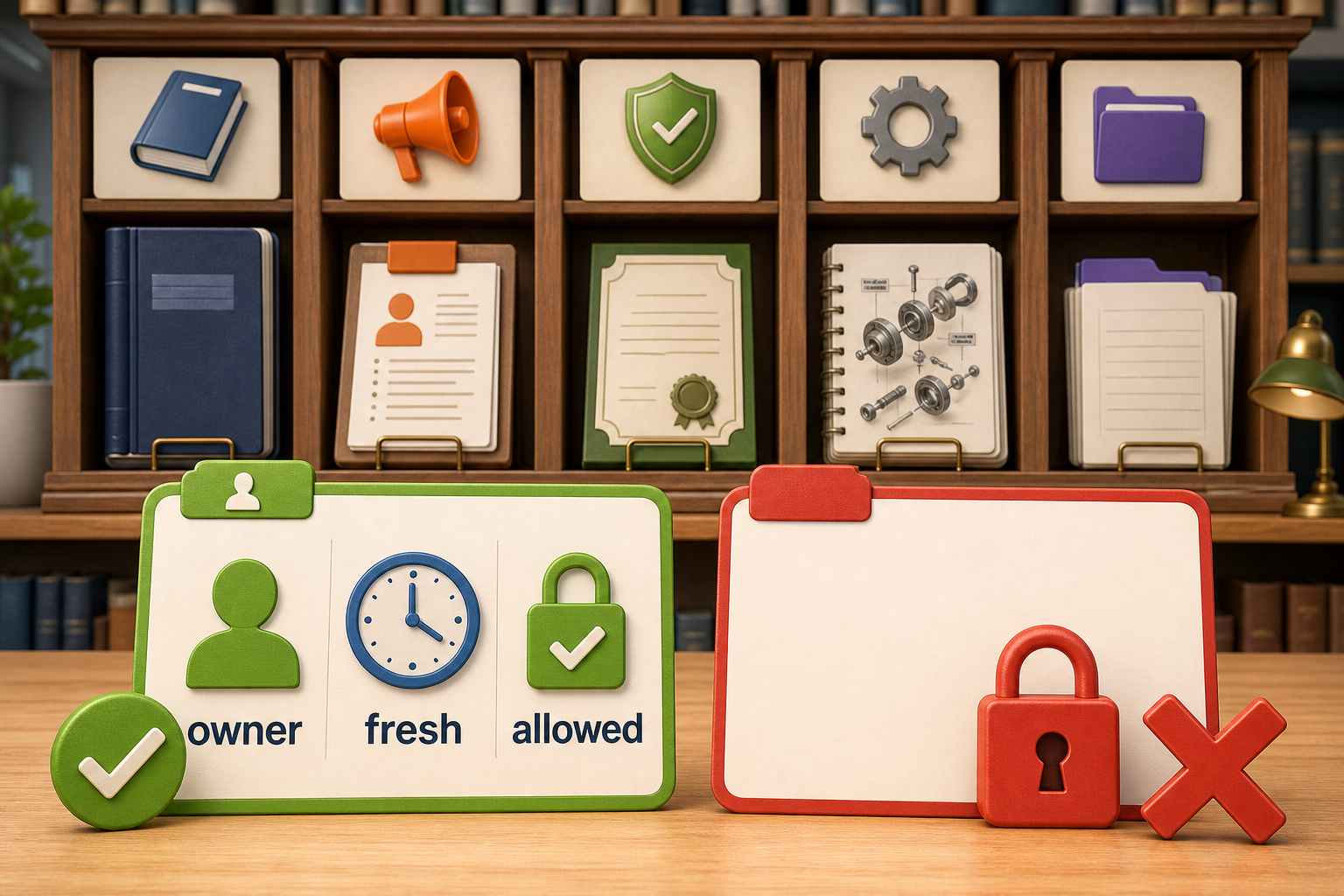Manuals, bulletins, warranty records, parts data, and case notes sit on shelves marked by owner, freshness, and permission.