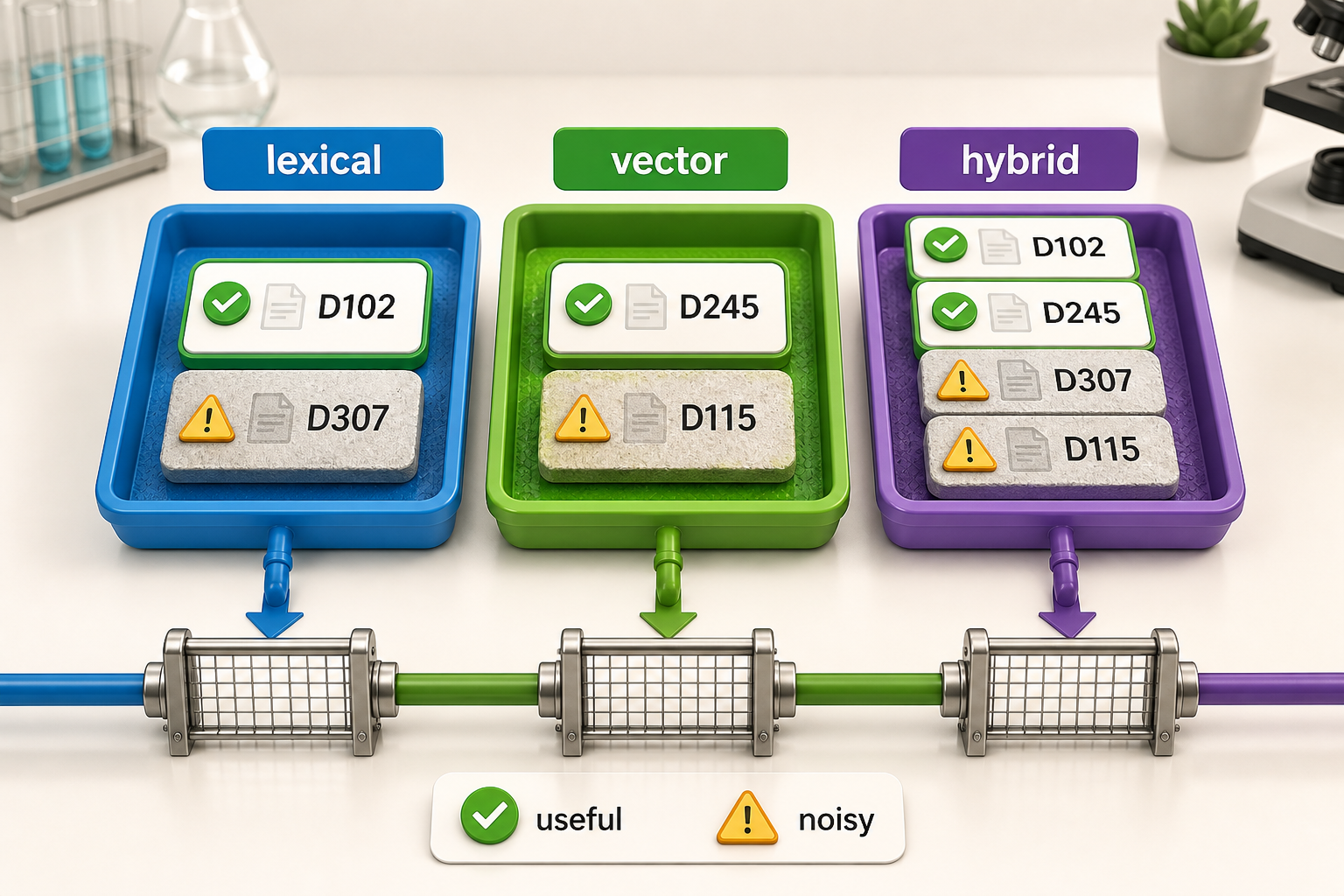 Lexical, vector, and hybrid trays contain overlapping but different useful and noisy candidates for the same authorized query set.