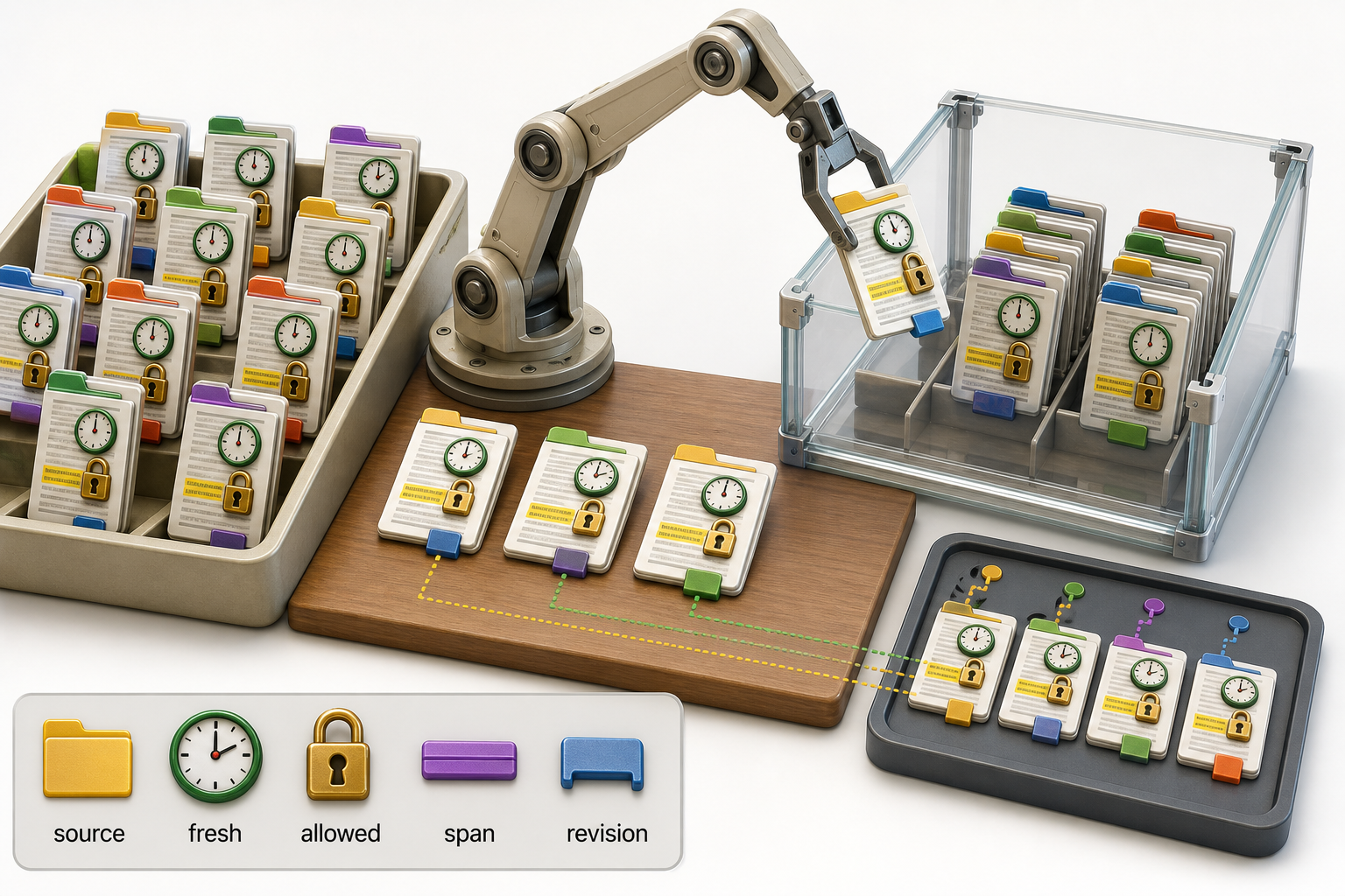 Selected evidence tiles keep source, freshness, permission, span, and revision tabs while being packed into a bounded context tray.