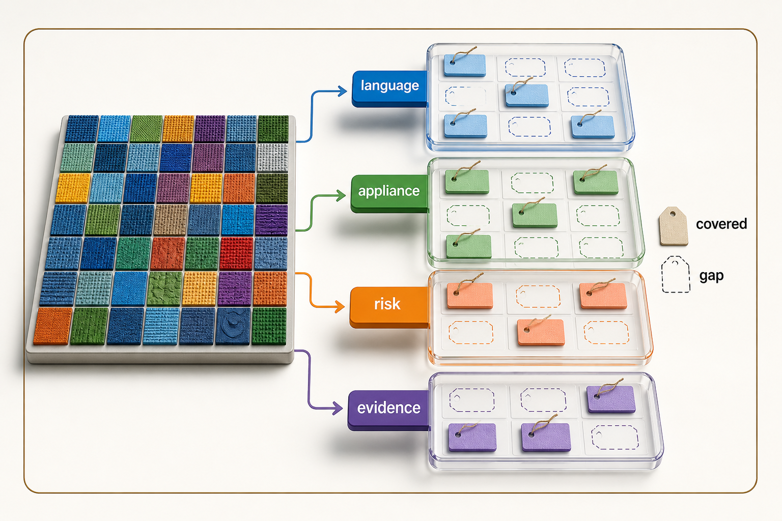 A defined case population is sampled into language, appliance, risk, and evidence-condition trays, with covered and missing intersections visibly marked.