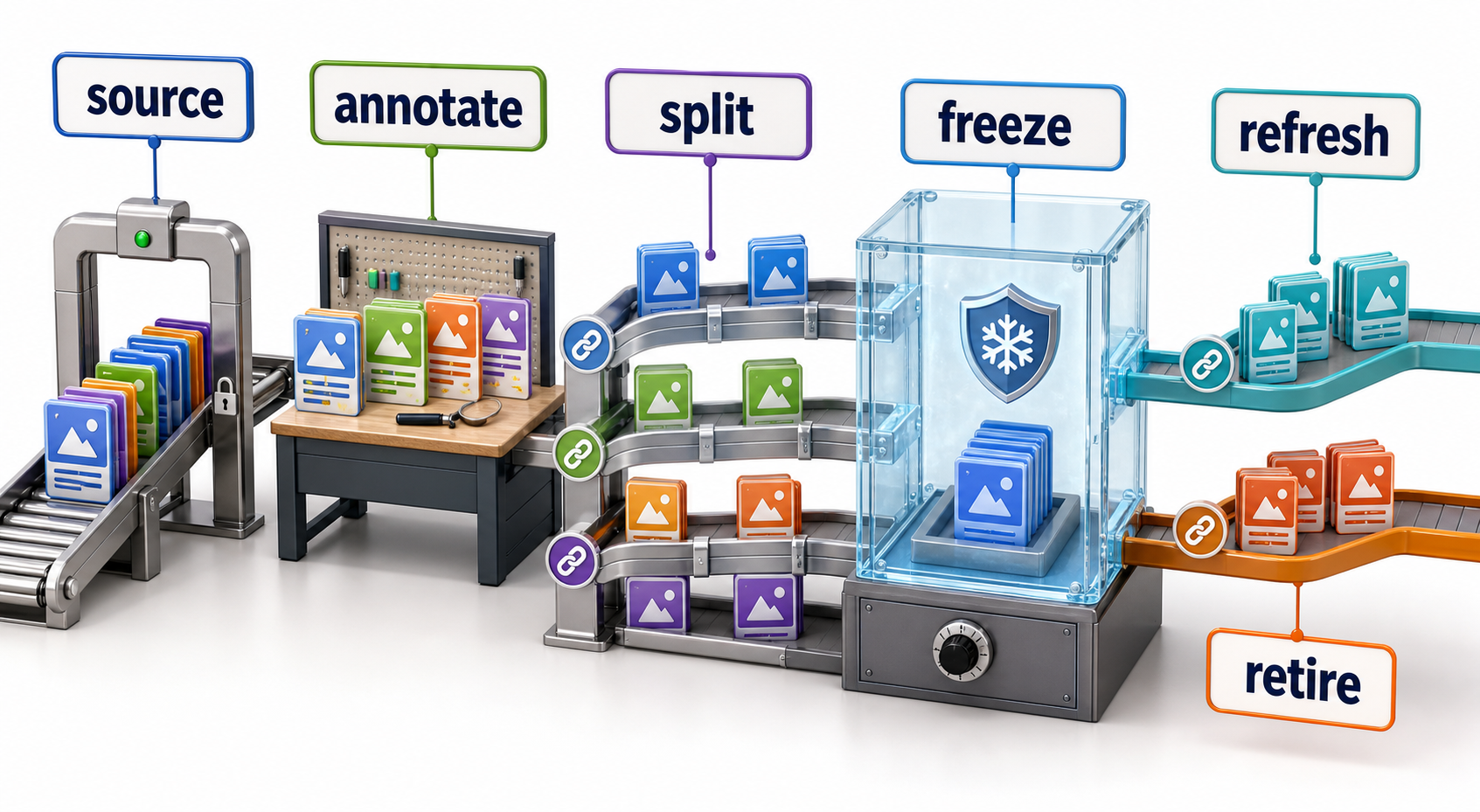 Evaluation cases move from authorized source through annotation, family-aware split, freeze, refresh, and retirement behind leakage barriers.