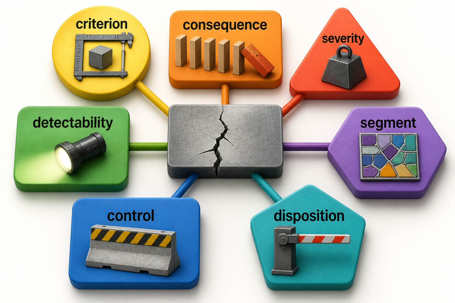 One error specimen connects to separate criterion, consequence, severity, detectability, segment, control, and disposition records.