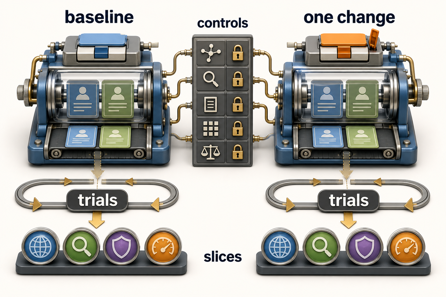 Baseline and candidate systems share frozen controls while one unlocked variable is compared across paired cases, repeated trials, and segment lenses.