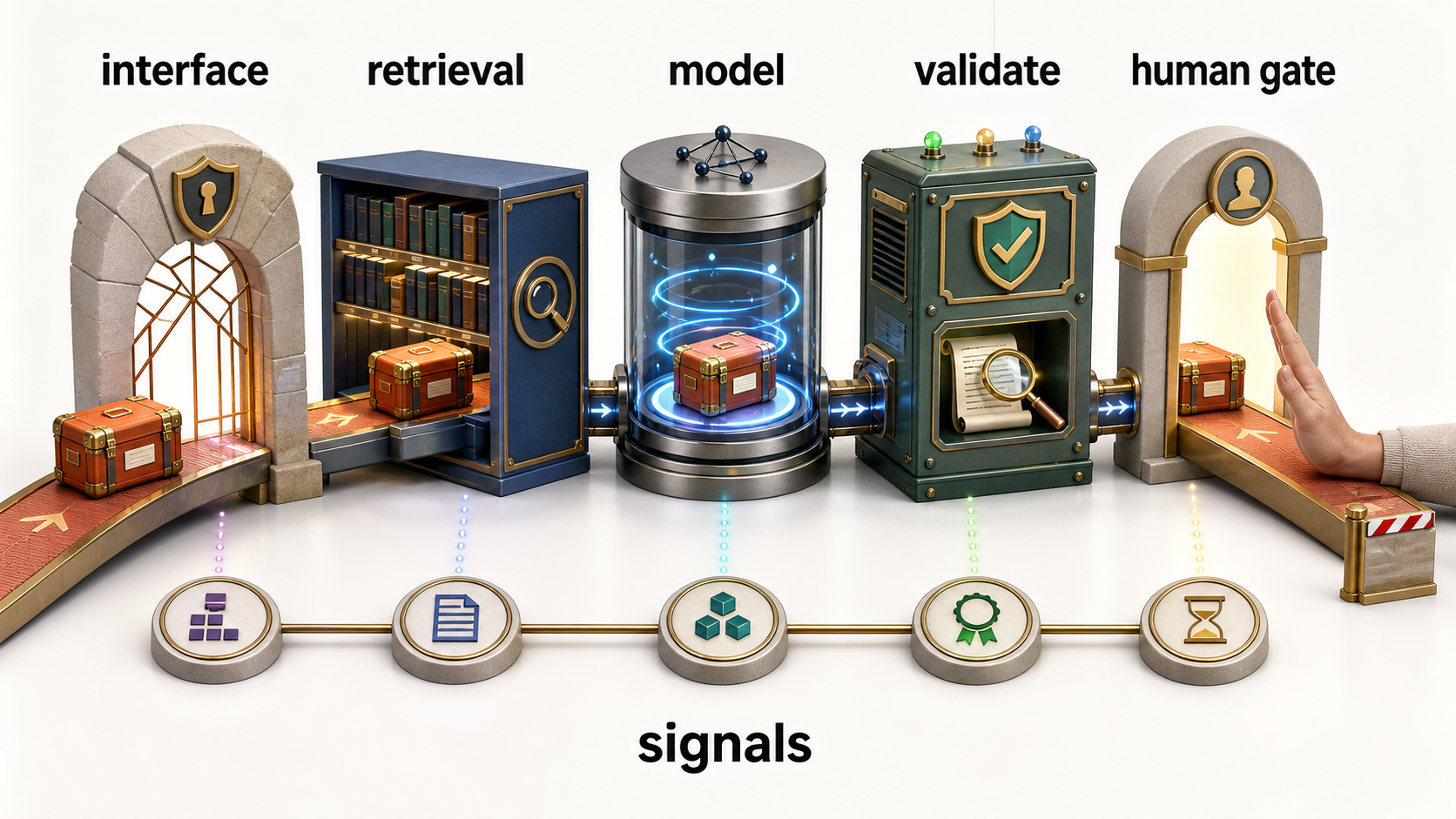 One Mosaic case crosses interface, retrieval, model, validation, human gate, and minimized-signal checkpoints without granting the model decision authority.