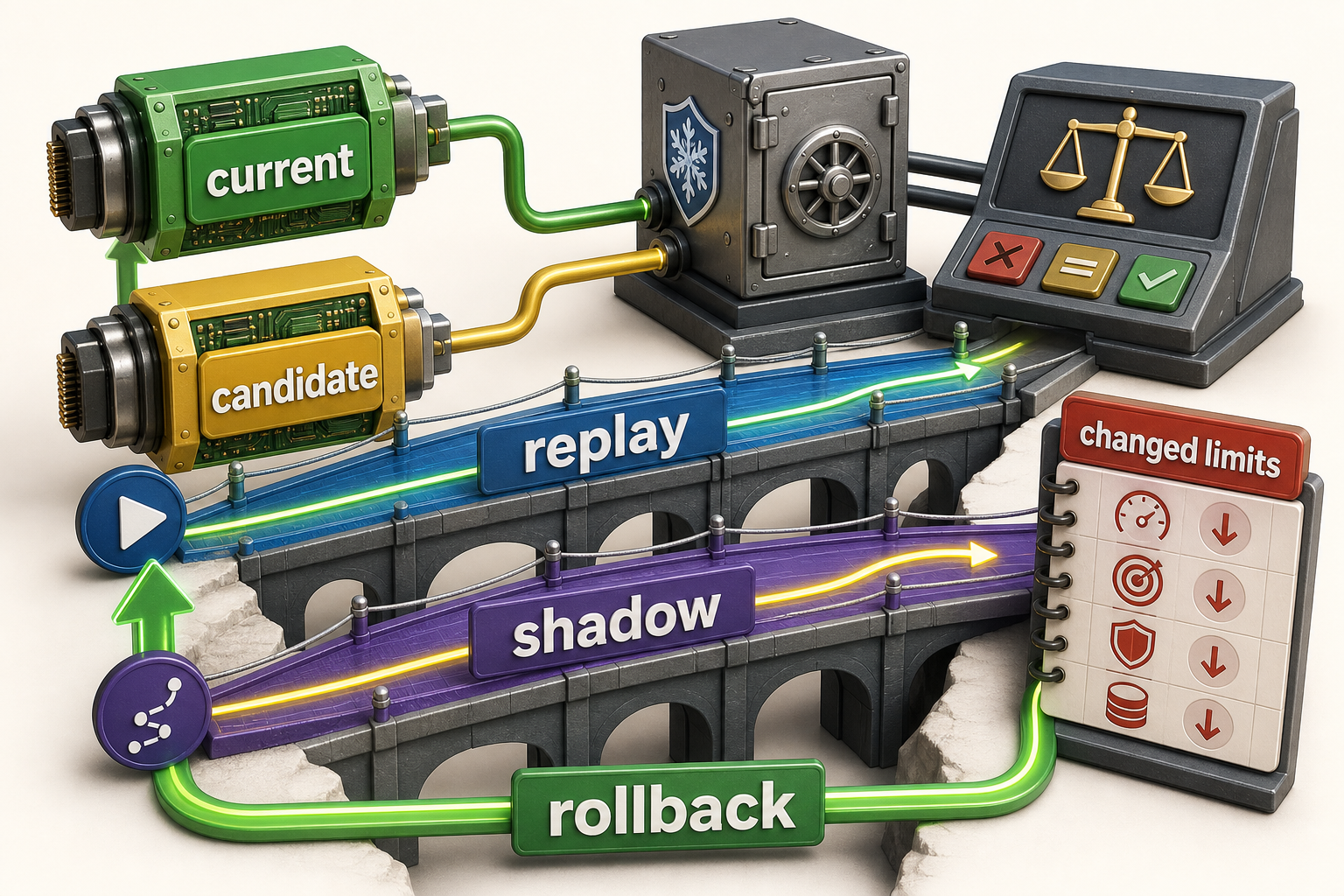 Current and candidate model adapters cross the same frozen replay bridge, with a shadow lane, changed-limit records, and a rollback path to the qualified current adapter.