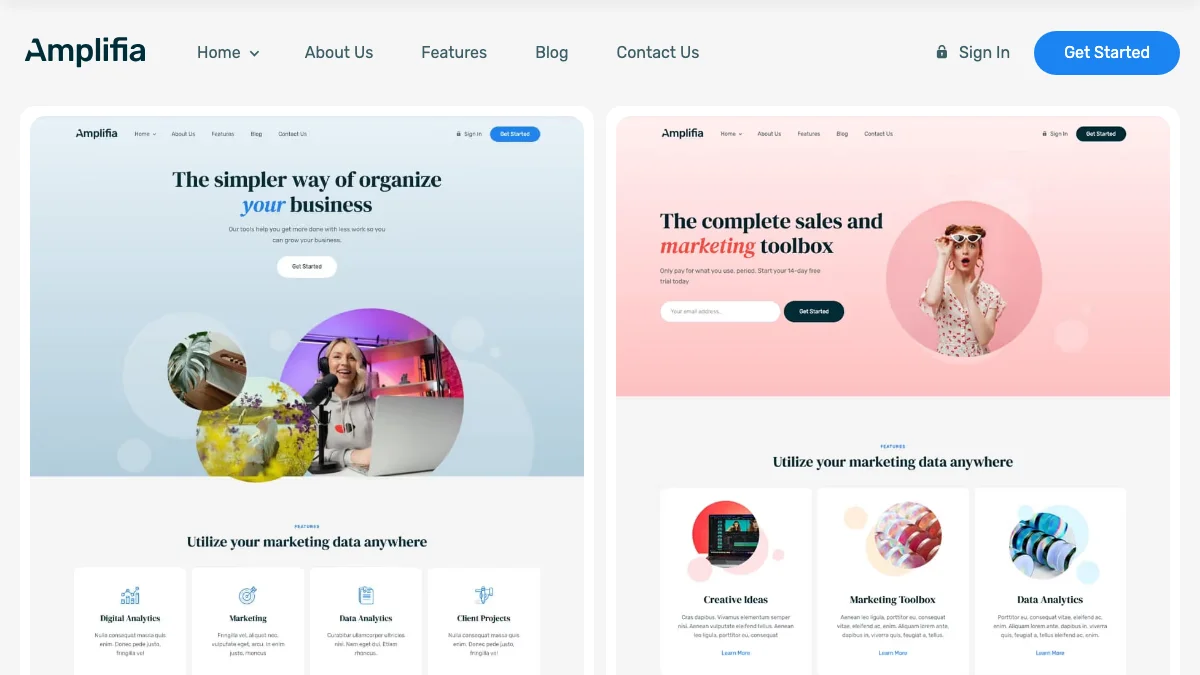 Screenshot of the Amplifia theme homepage