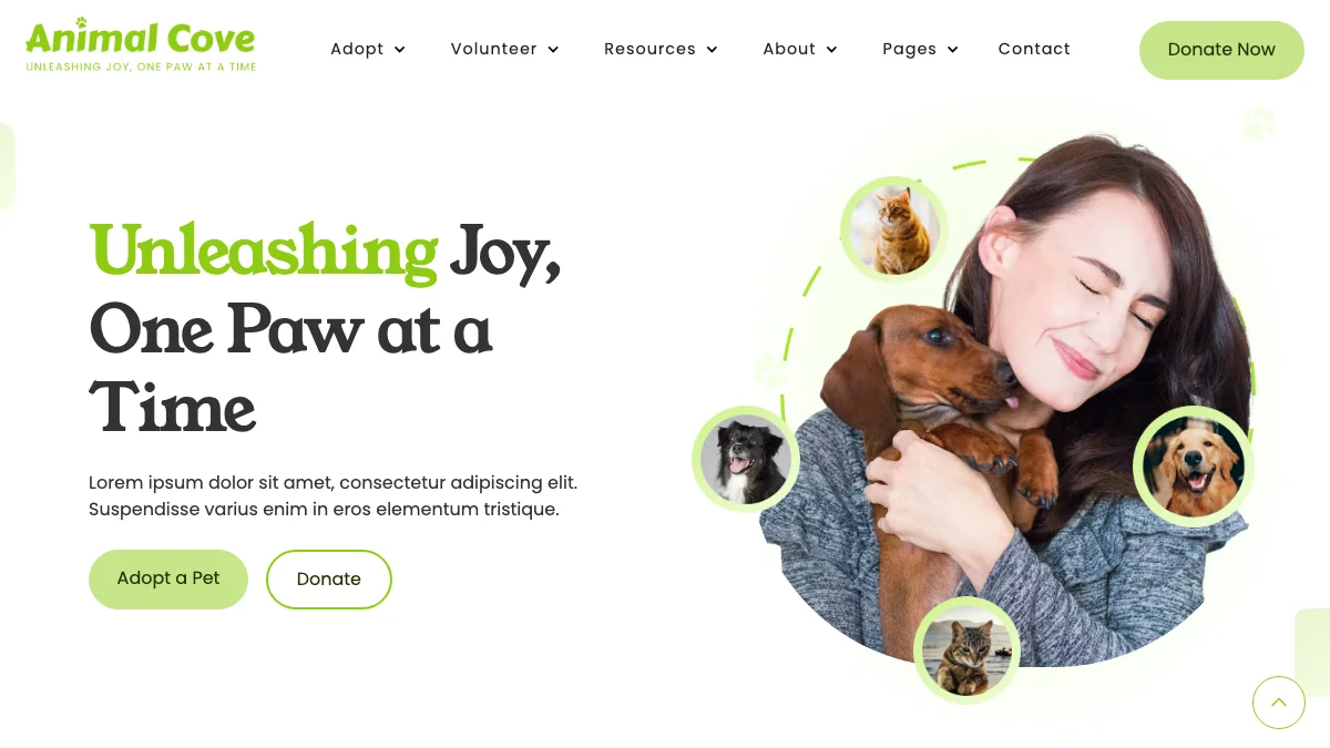Screenshot of the Animal Cove theme homepage