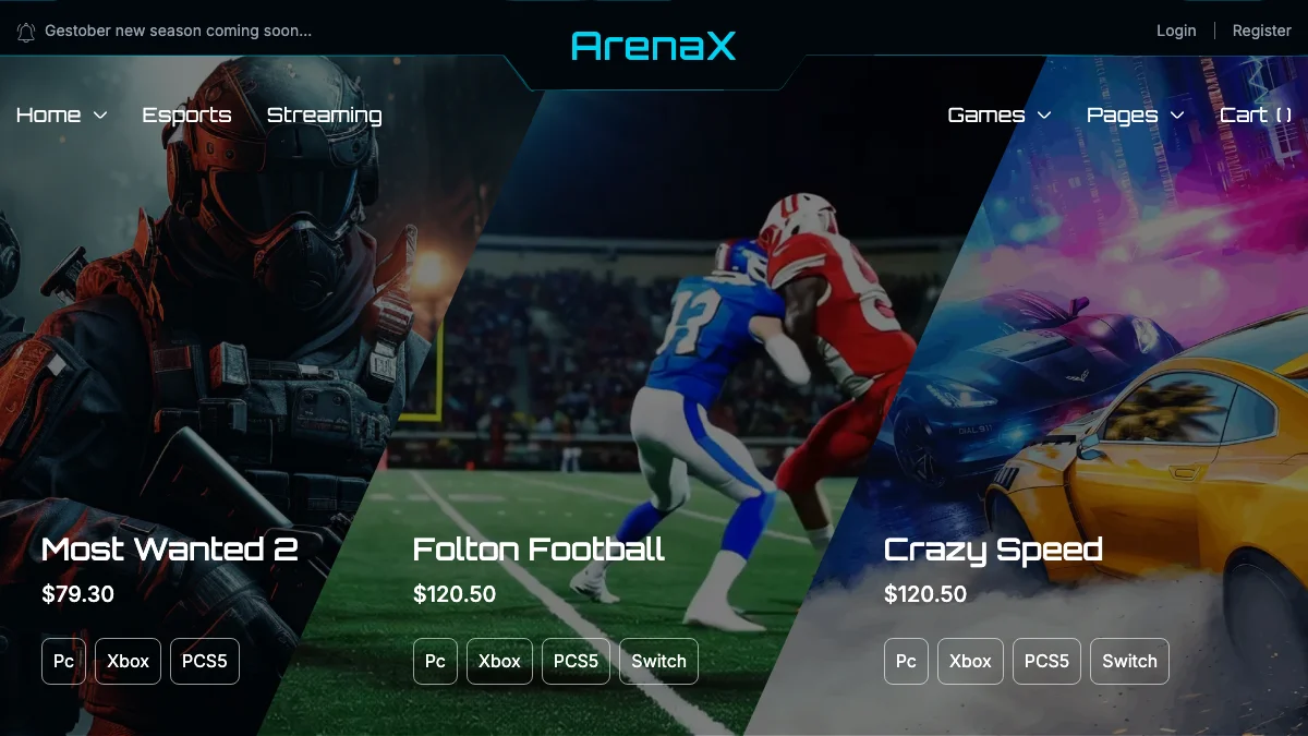 Screenshot of the Arenax theme homepage