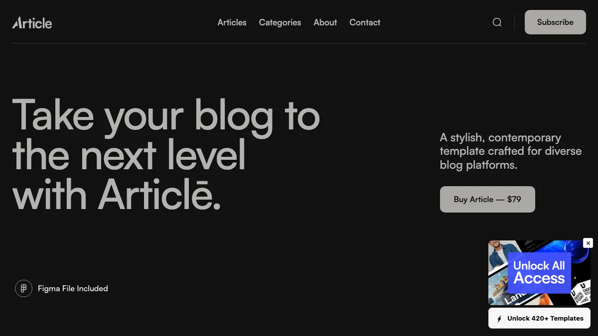 Screenshot of the Article Dark theme homepage