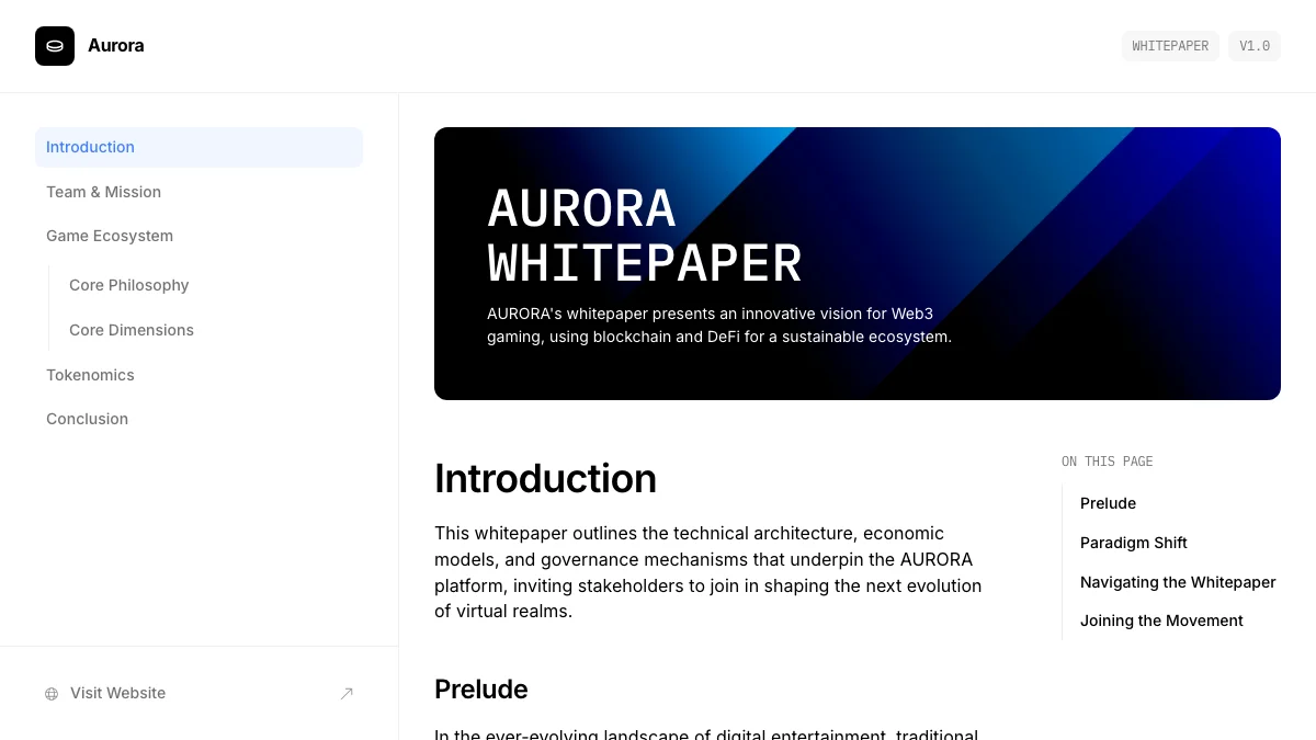 Screenshot of the Aurora Docs theme homepage