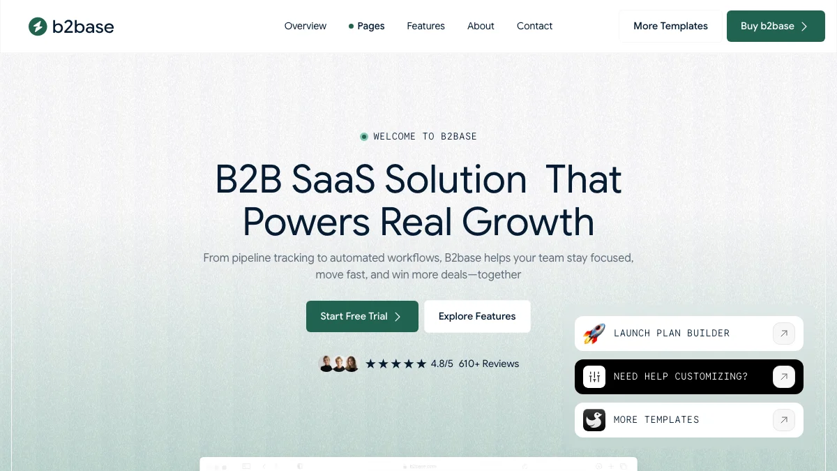 Screenshot of the B2Base theme homepage