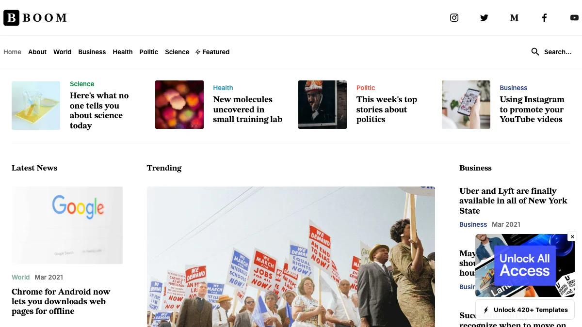 Screenshot of the Boom theme homepage