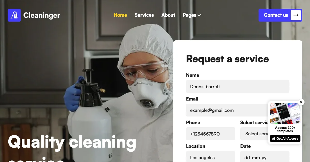 Screenshot of the Cleaninger theme homepage