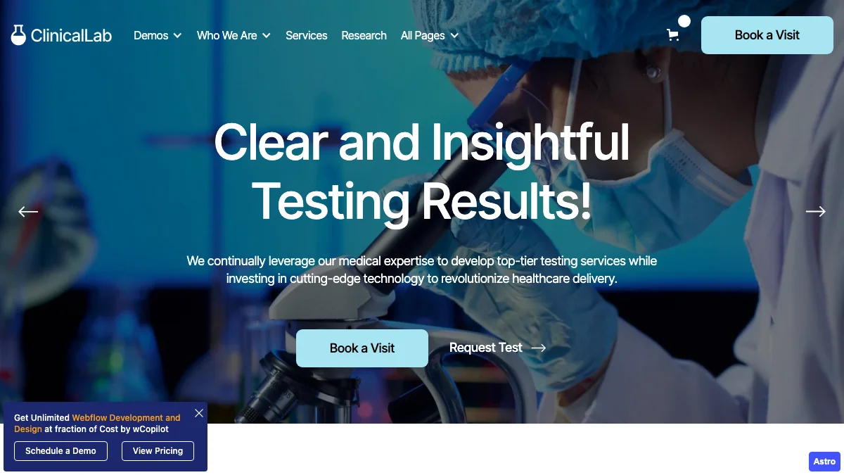 Screenshot of the Clinical Laboratory theme homepage