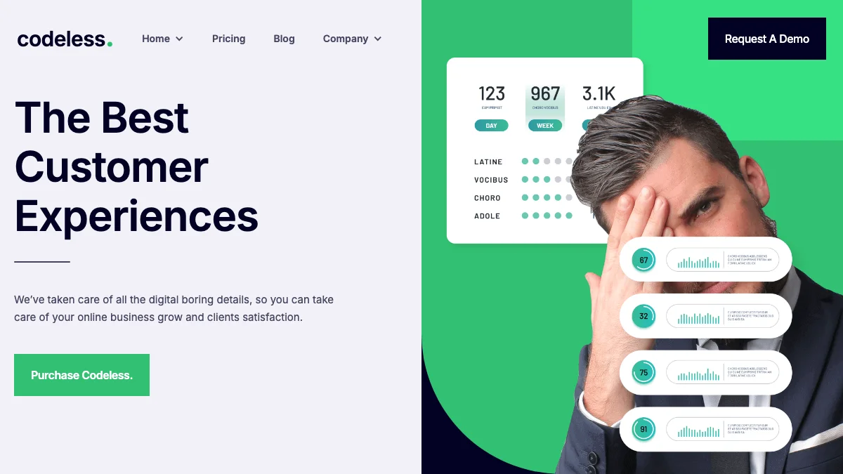 Screenshot of the Codeless theme homepage