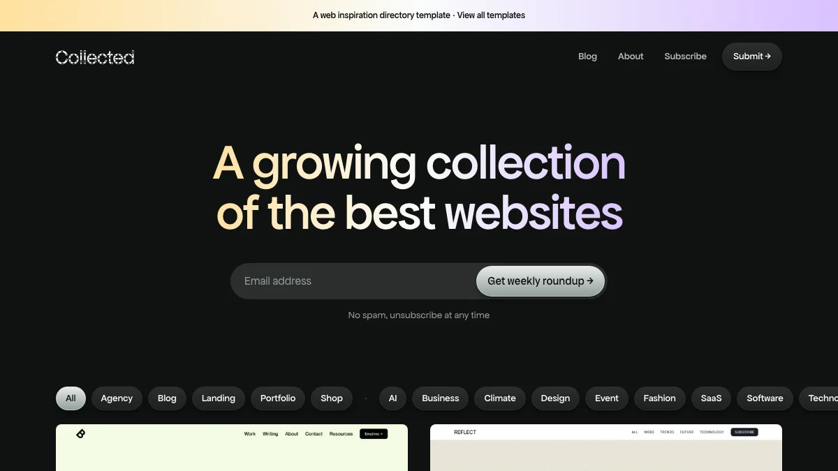 Screenshot of the Collected theme homepage