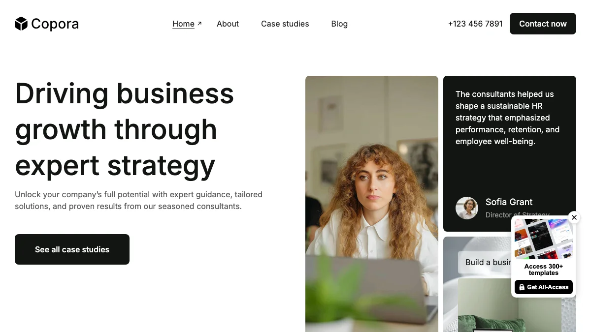 Screenshot of the Copora theme homepage