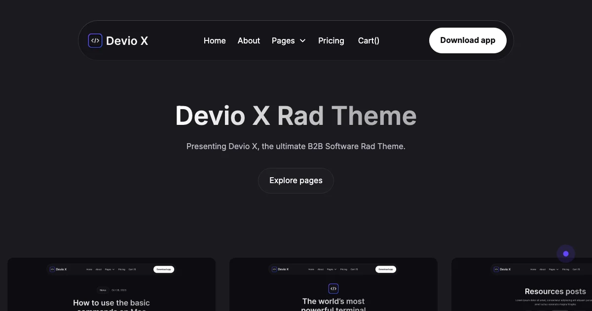 Screenshot of the Devio X theme homepage