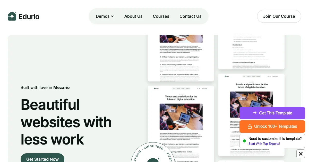 Screenshot of the Edurio theme homepage
