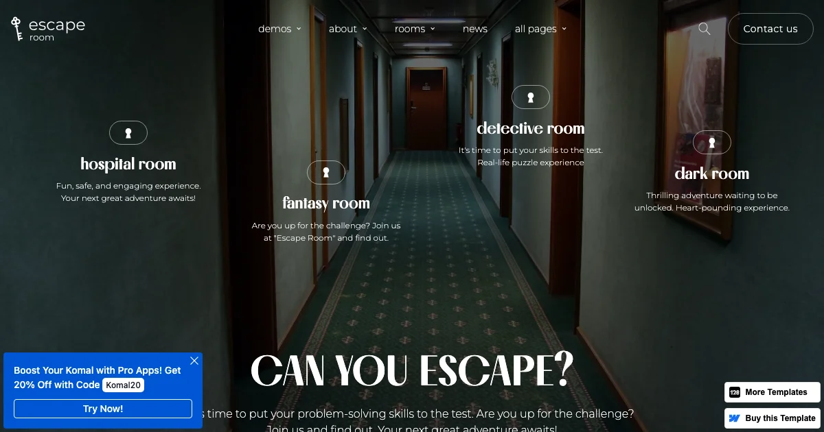 Screenshot of the Escape Room 128 theme homepage