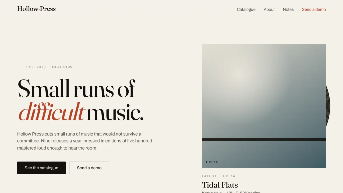 Screenshot of the Hollow Press theme homepage